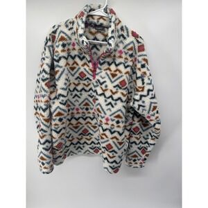 Eddie Bauer Sweater Womens XXL White Sherpa Fleece 1/4 Zip Aztec Print Pullover‎